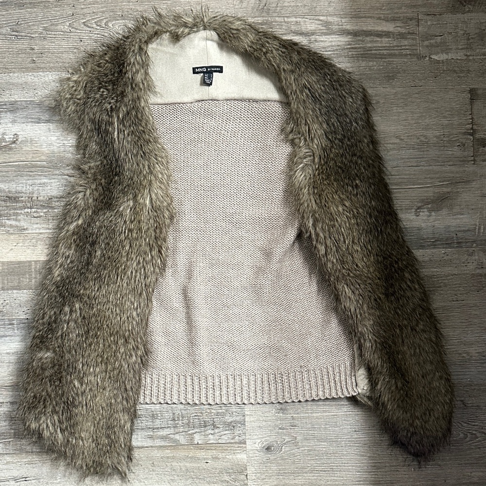 Mango Faux Fur Trim Sweater Vest - Cream and Brown